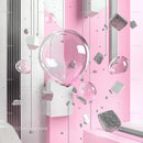 Surreal Floating Geometric Shapes on Pink Background