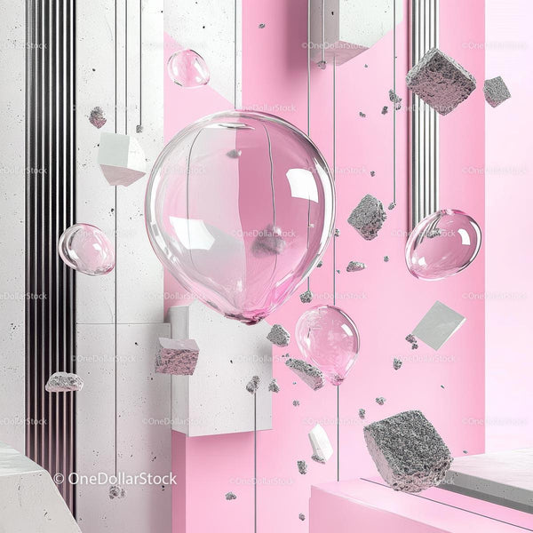 Surreal Floating Geometric Shapes on Pink Background
