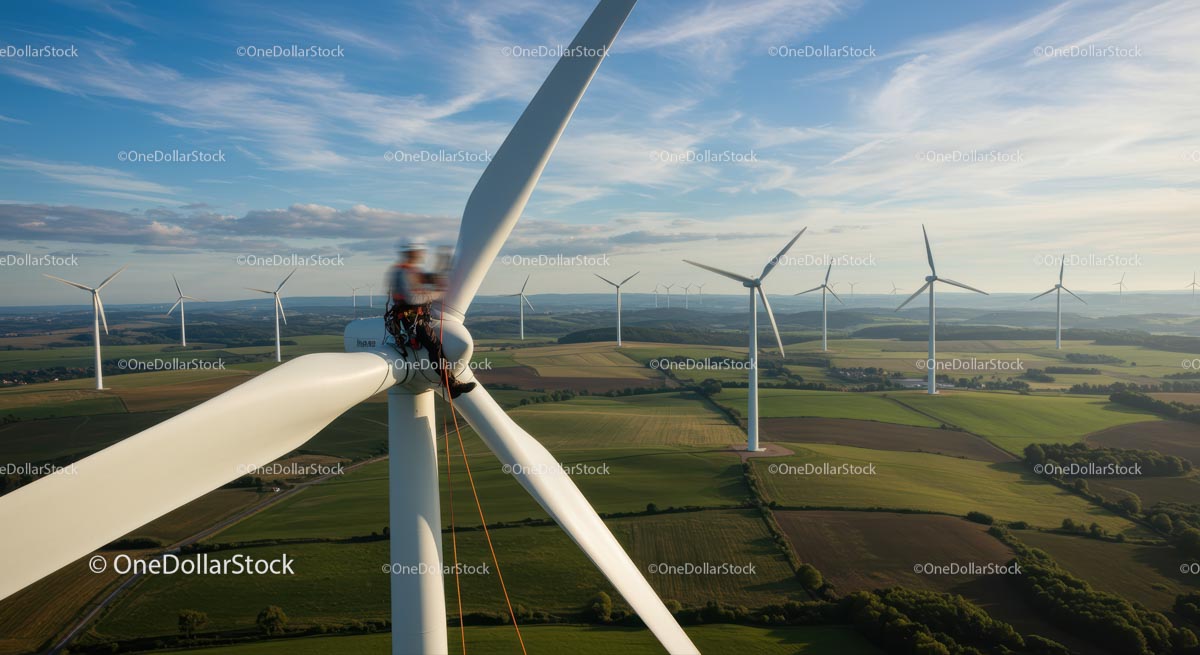 Technician on Wind Turbine in Scenic Green Landscape