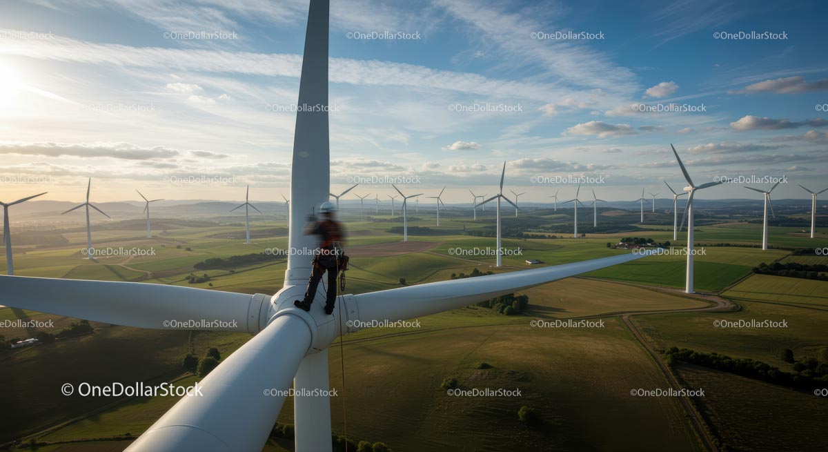 Technician Working on Wind Turbine at Sunset in Scenic Wind Farm