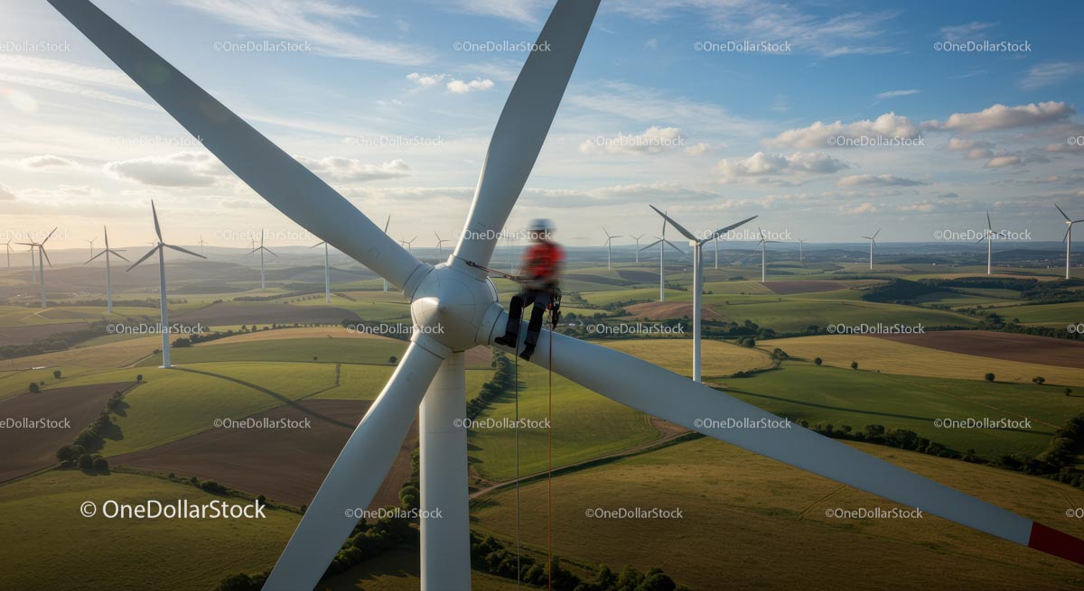Technician Performing Maintenance on Wind Turbine in Countryside