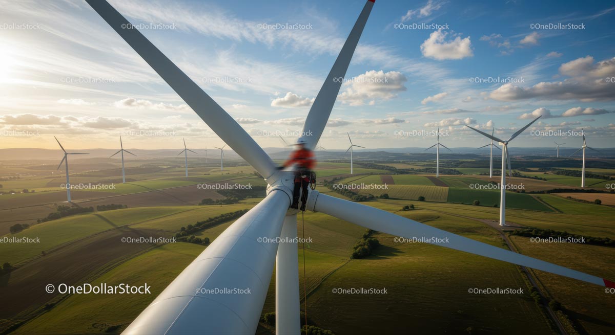 Technician Performing Maintenance on Wind Turbine at Sunset