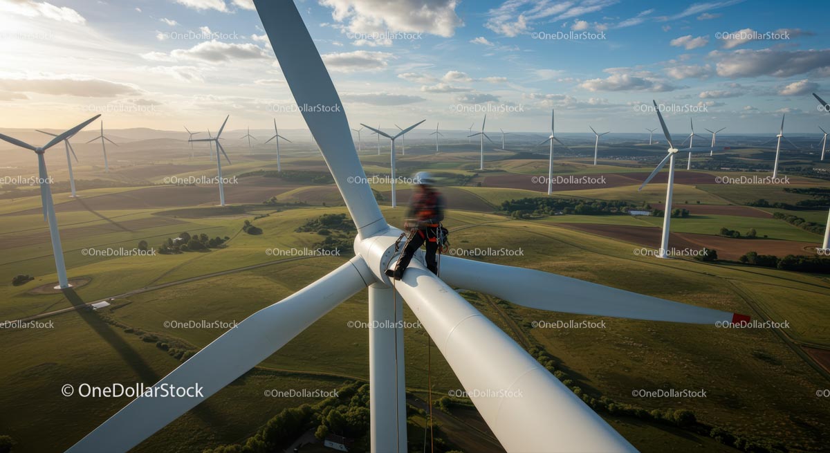 Technician on Wind Turbine Overlooking Scenic Wind Farm