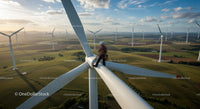 Technician on Wind Turbine Overlooking Scenic Wind Farm