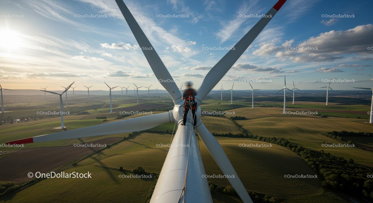 Maintenance Worker on Wind Turbine at Scenic Wind Farm