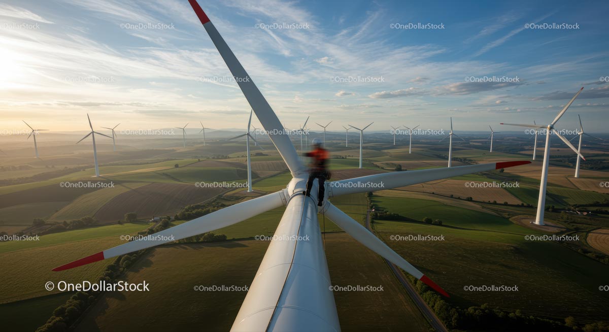 Technician Working on Wind Turbine in Scenic Countryside