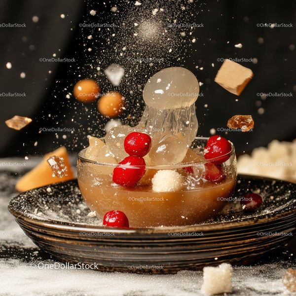 Dynamic Splash of Gourmet Dessert with Cherries and Sugar