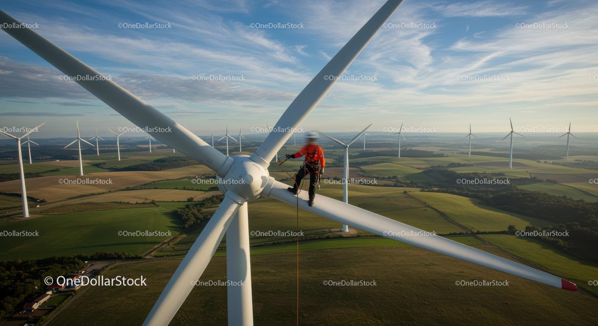 Technician on Wind Turbine for Maintenance Over Scenic Fields
