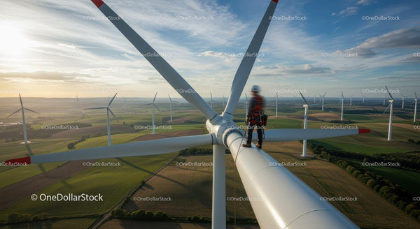 Technik na turbinie wiatrowej w malowniczej okolicy