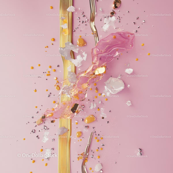 Abstract Modern Art with Gold Accents on Pink Background