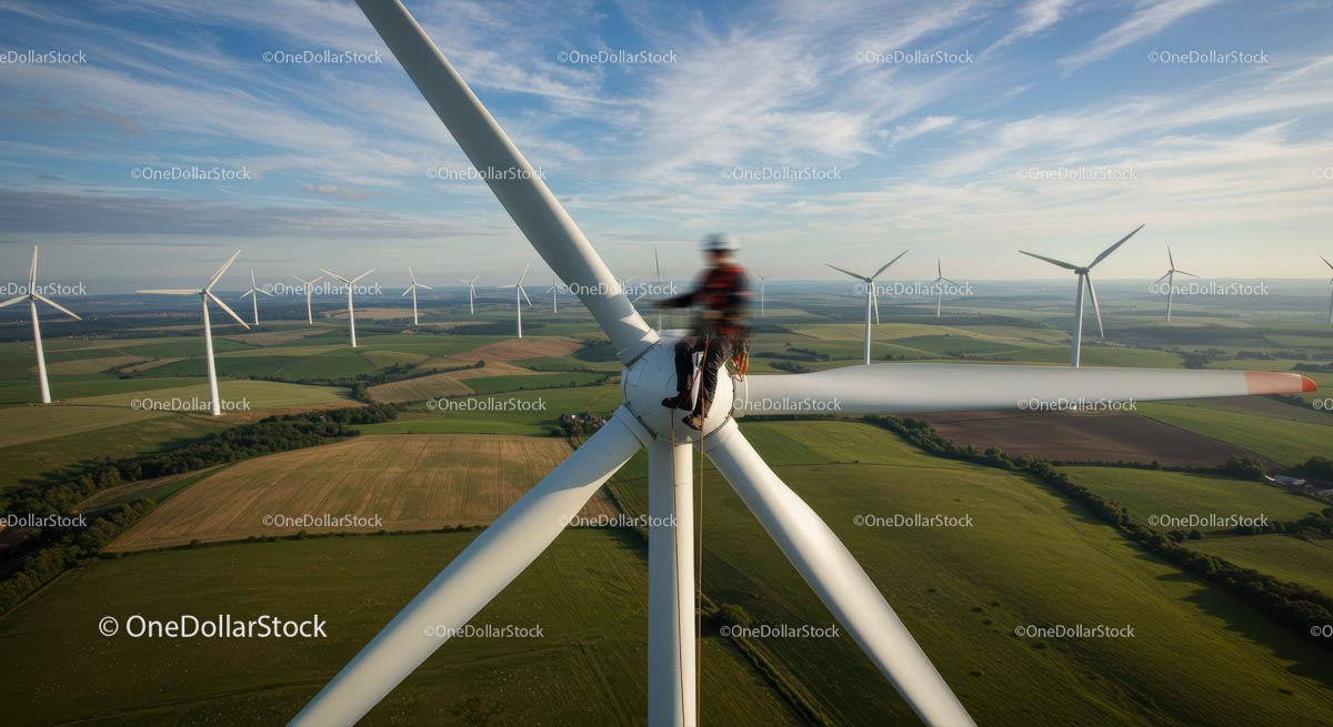 Technician Performing Maintenance on Wind Turbine