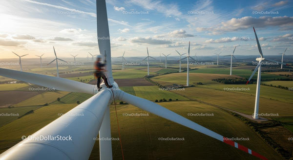 Technik konserwujący turbinę wiatrową na farmie energii odnawialnej