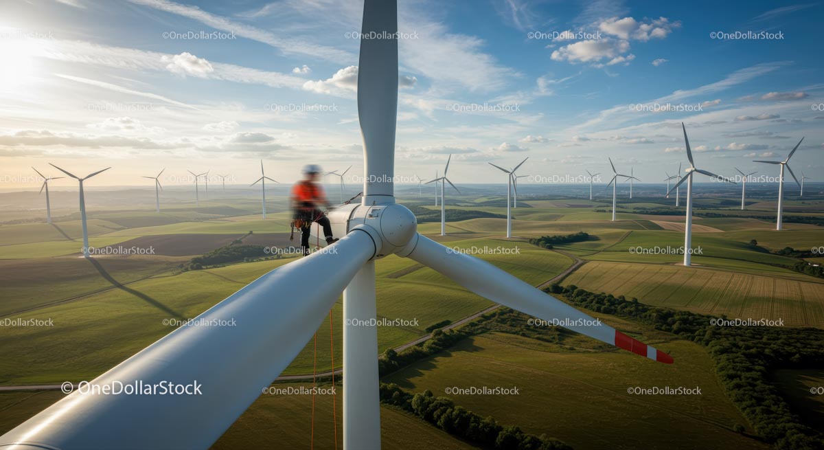 Technician Working on Wind Turbine in Scenic Landscape