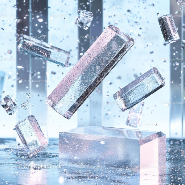 Floating Transparent Ice Cubes with Reflective Surfaces