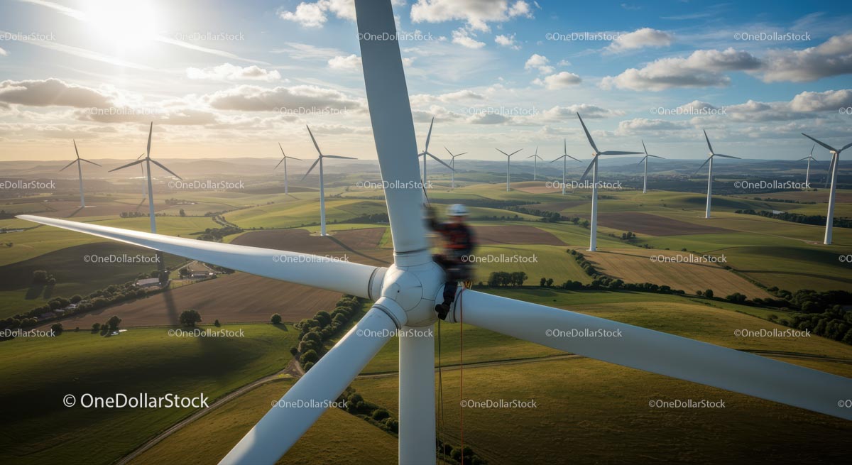 Maintenance Worker on Modern Wind Turbine in Scenic Countryside