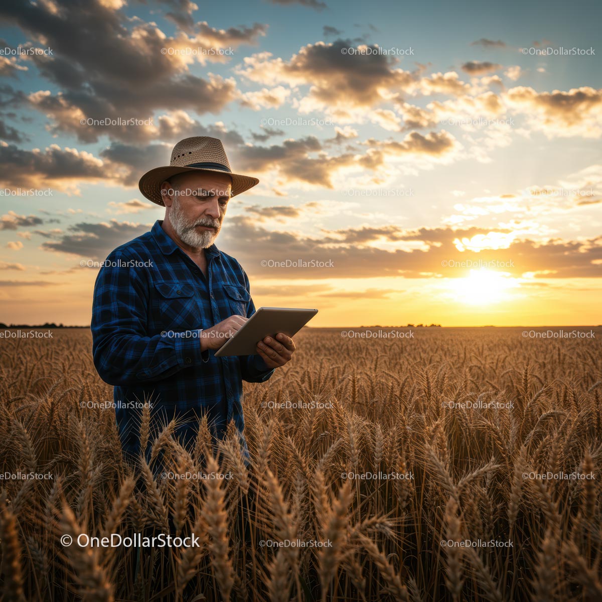 Senior Farmer Using Tablet in Golden Wheat Field at Sunset