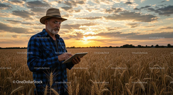 Rolnik używający cyfrowego tabletu na polu pszenicy o zachodzie słońca
