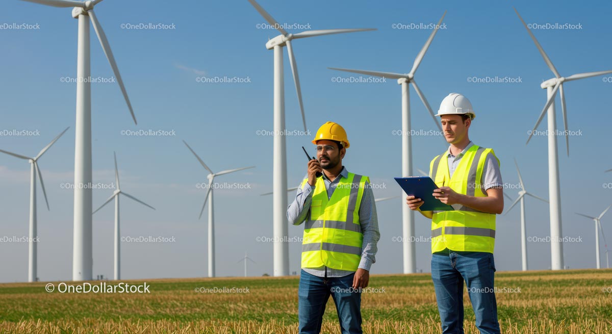 Engineers Inspecting Wind Turbines on a Sunny Day