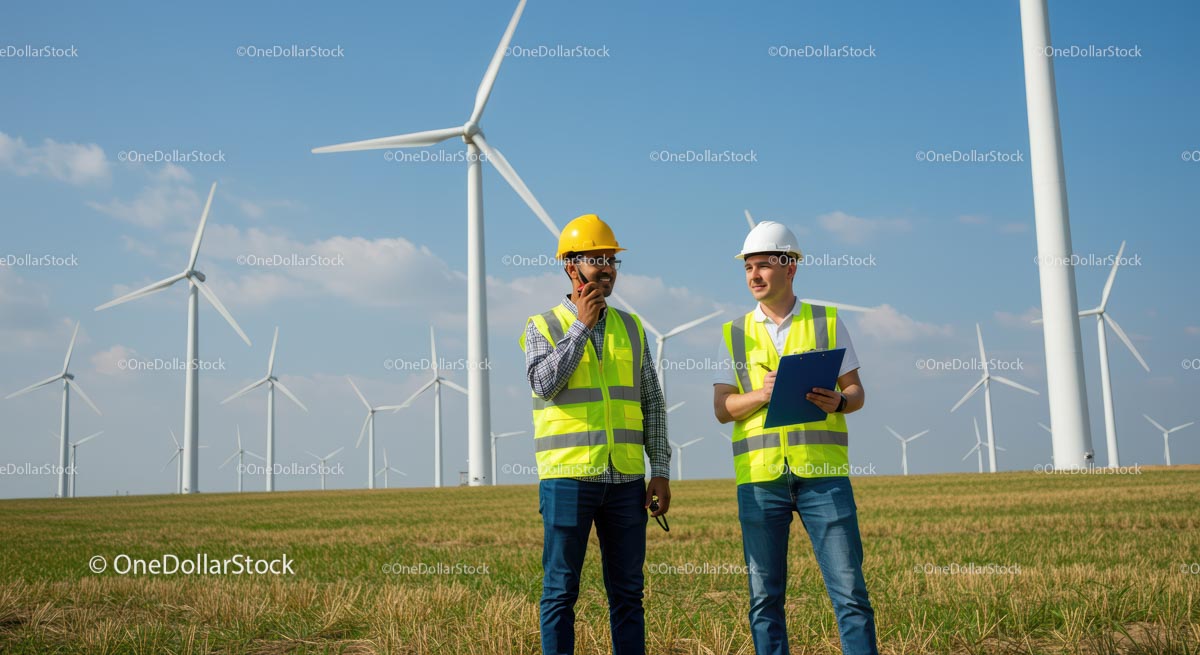 Engineers Inspecting Wind Farm for Renewable Energy Development