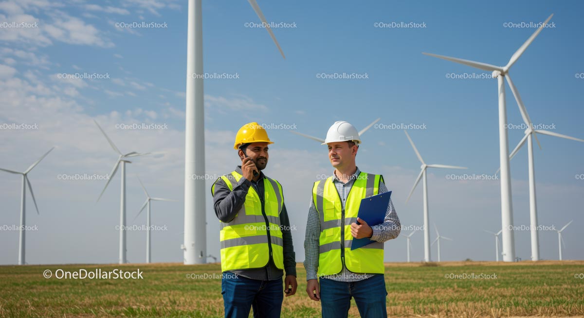 Engineers Discussing Projects at Wind Farm