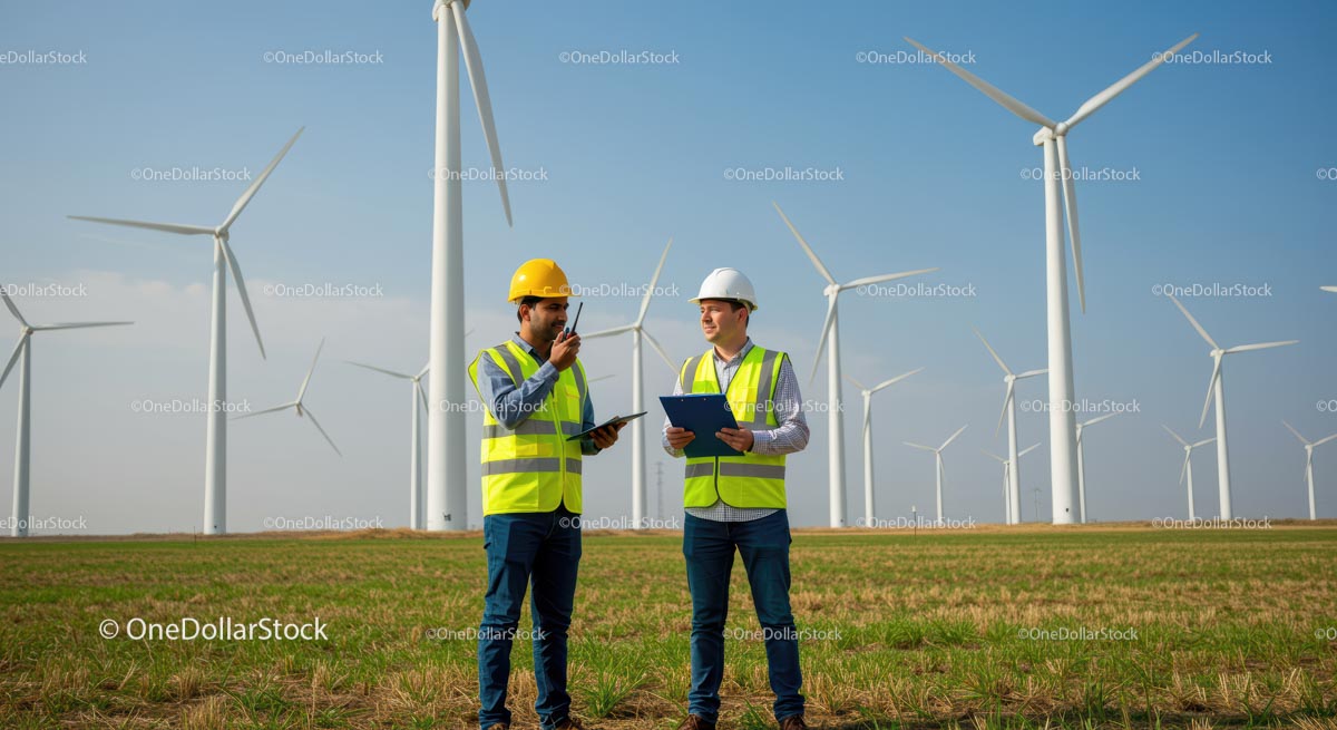 Engineers Conducting Inspection at Wind Turbine Field