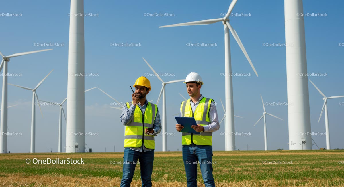 Engineers Inspecting Wind Turbines at a Wind Farm