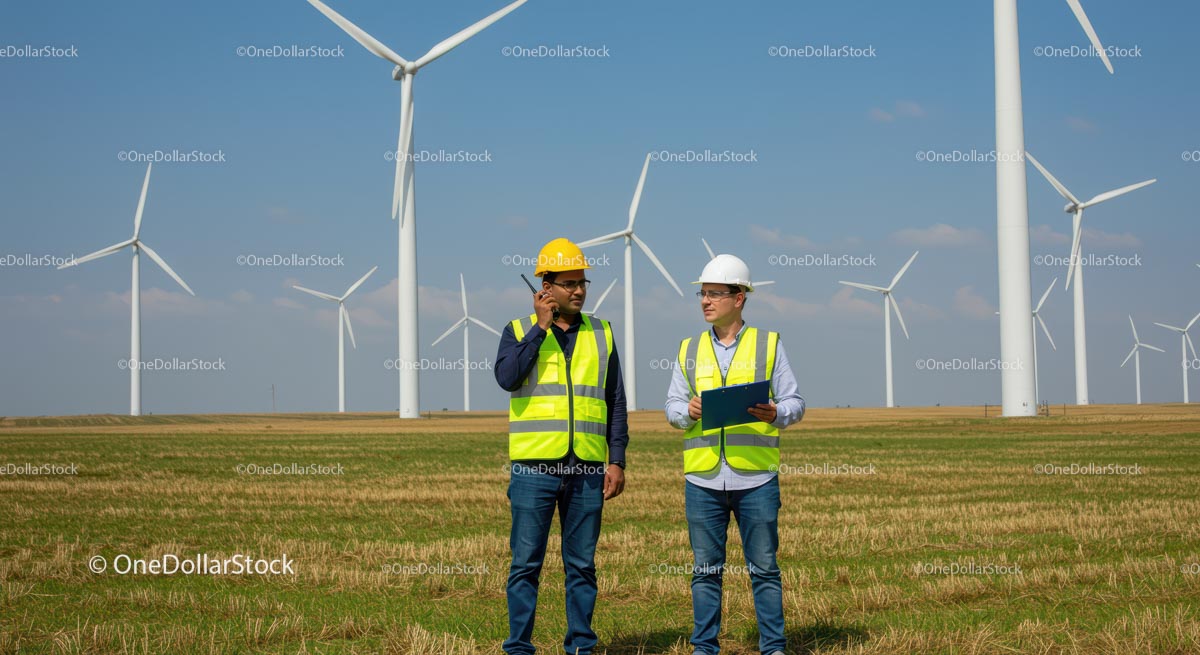Engineers Inspecting Wind Turbine Farm in Sunny Field