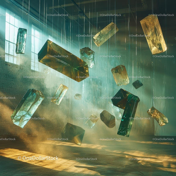 Floating Crystals in Sunlit Industrial Setting