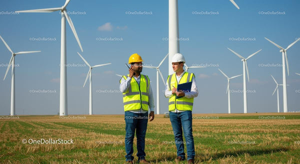 Engineers Inspecting Wind Turbines in a Field