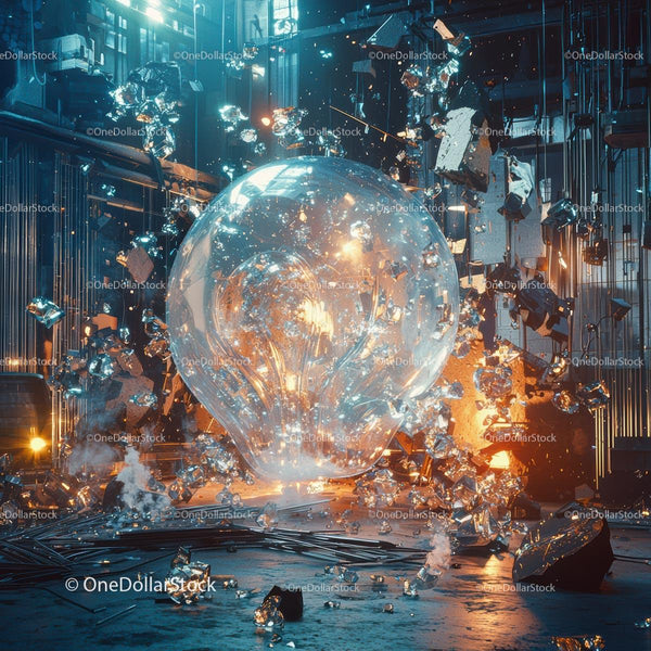 Shattered Glass Surrounding a Giant Light Bulb
