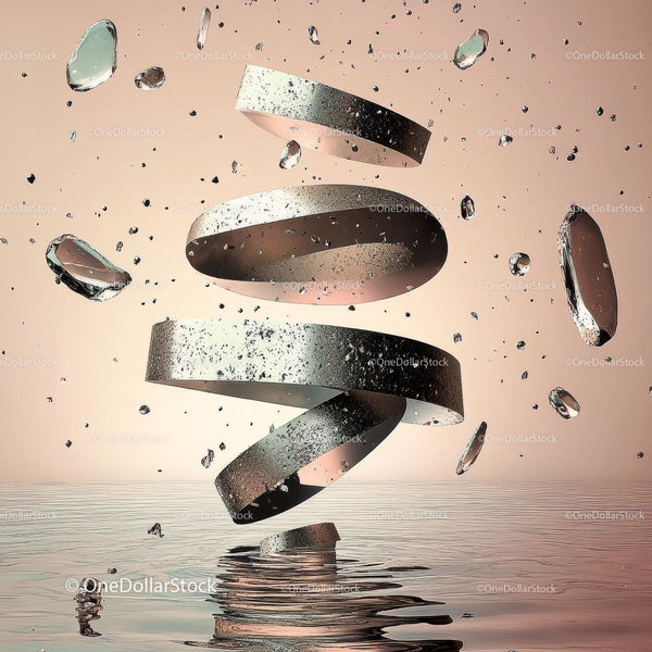 Floating Metallic Rings Over Water with Reflections