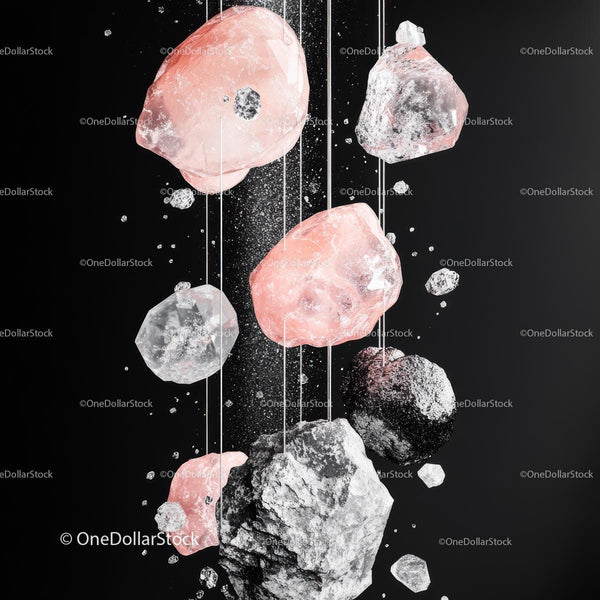 Floating Pink and Gray Minerals on Black Background