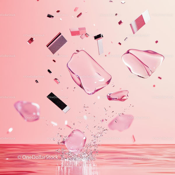 Floating Pink Crystals Over Reflective Liquid Surface