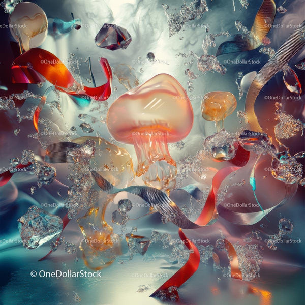 Surreal Abstract Design with Vibrant Jellyfish and Ribbons