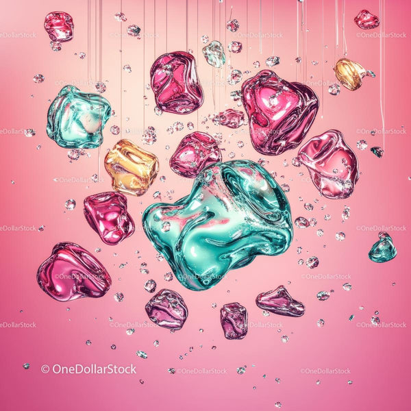 Vibrant Floating Glass Shapes on Pink Background