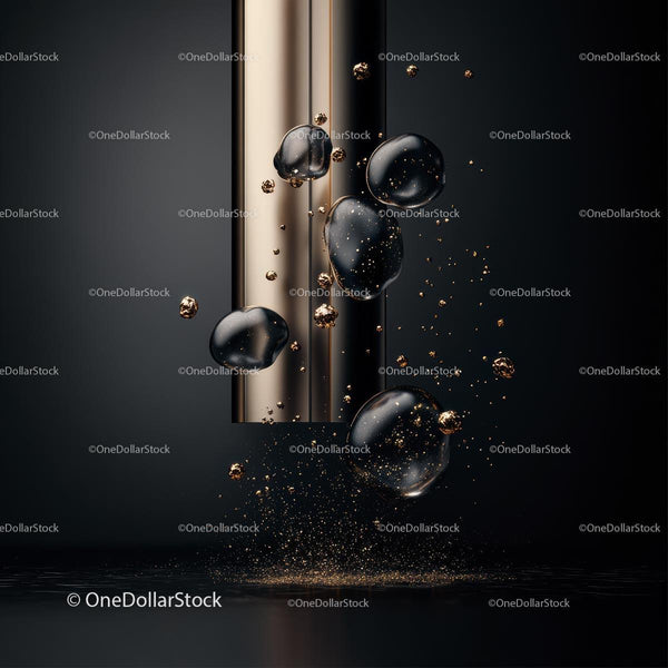 Golden Tube with Floating Black Spheres in Abstract Design