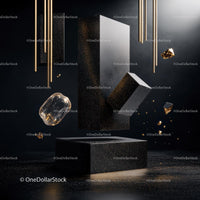 Floating Geometric Shapes with Gold Accents in Darkness