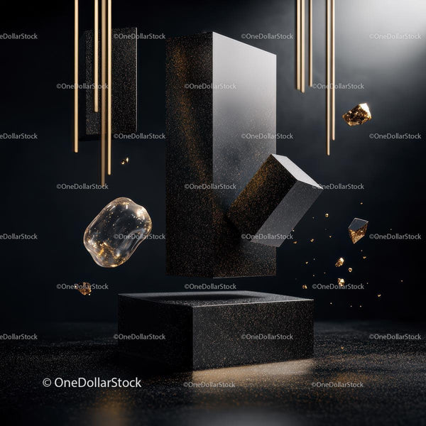 Floating Geometric Shapes with Gold Accents in Darkness