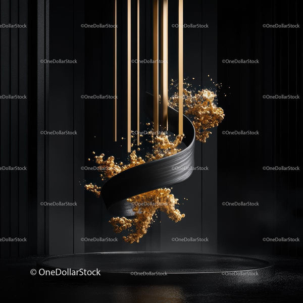 Abstract Black and Gold Spiral with Golden Particles