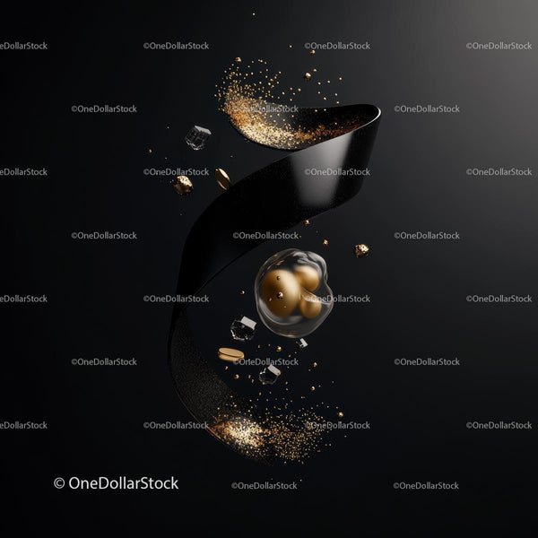 Elegant Abstract Composition with Black Ribbon and Gold Accents