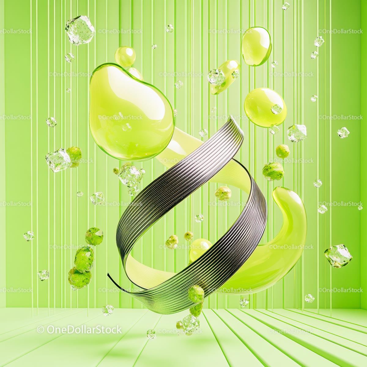 Żywy abstrakcyjny wzór z metaliczną spiralą i odcieniami limonki