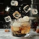Refreshing Whiskey Splash with Ice Cubes in Motion