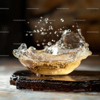 Dynamic Water Splash in Glass Bowl on Wooden Surface