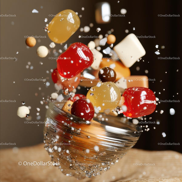 Colorful Candies in Glass Bowl Mid-Explosion