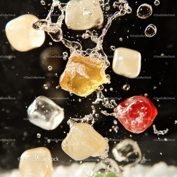 Vibrant Colored Ice Cubes Splashing in Water