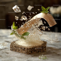 Dynamic Splash of Ice and Mint in Glass Dish
