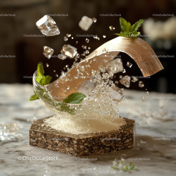 Dynamic Splash of Ice and Mint in Glass Dish