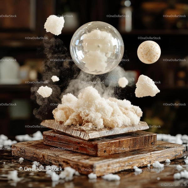 Levitating Sugar Crystals on Rustic Wooden Boards