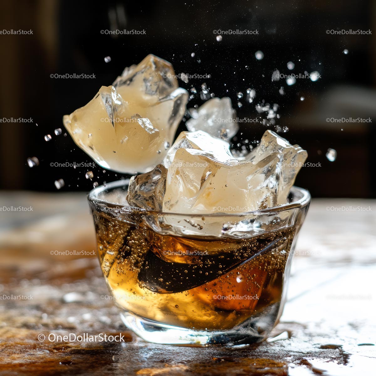 Dynamiczny rozprysk whisky z kostkami lodu w ruchu