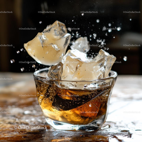 Dynamic Whiskey Splash with Ice Cubes in Motion
